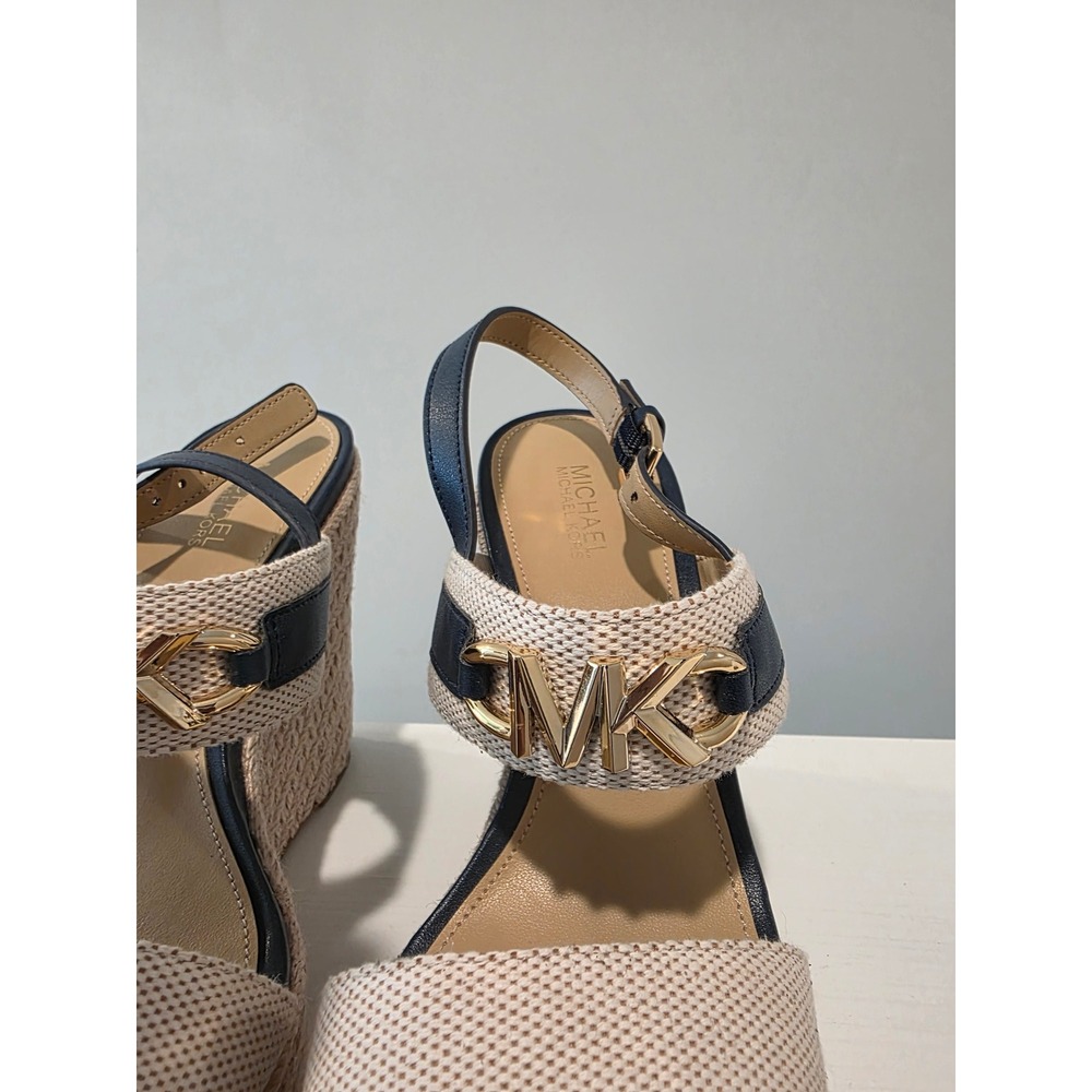 Women 6 M Michael Kors Reed Wedge Sandals Navy Natural Espadrille Platform Logo - Picture 6 of 11
